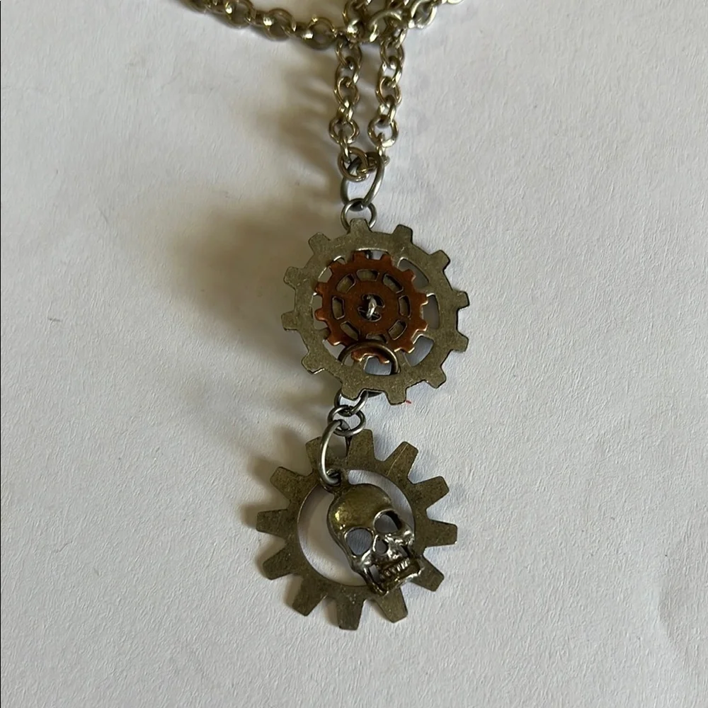 Steampunk Silver and Brown Gear Necklace and Earring Set - Picture 2 of 4